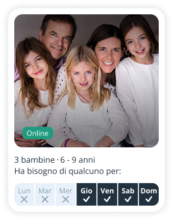 Profilo di genitore su Sitly in cerca di babysitter per tre bambine di 6 e 9 anni